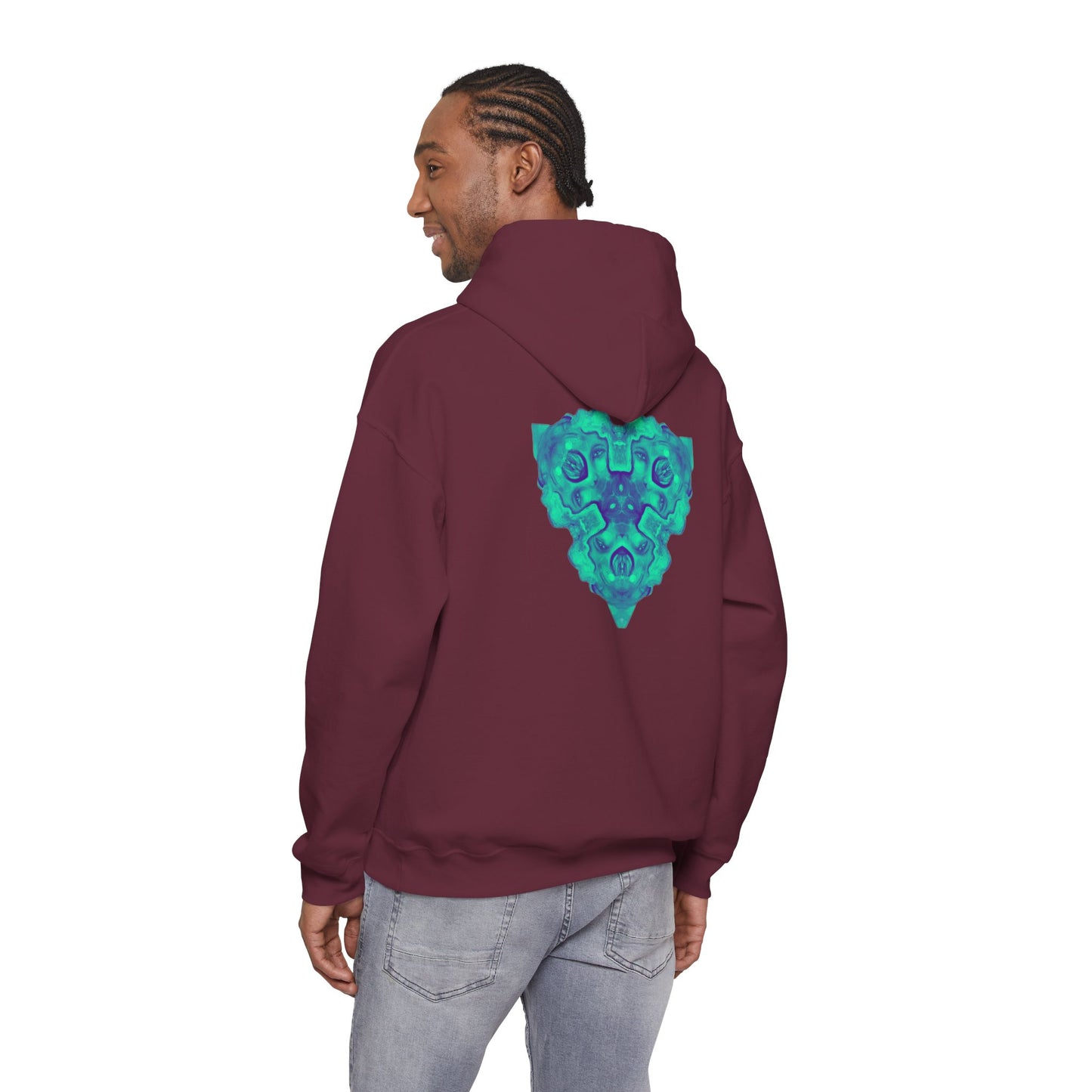 AMRU Minimal Logo Hoodie — Geometric Teal Mandala Back Graphic