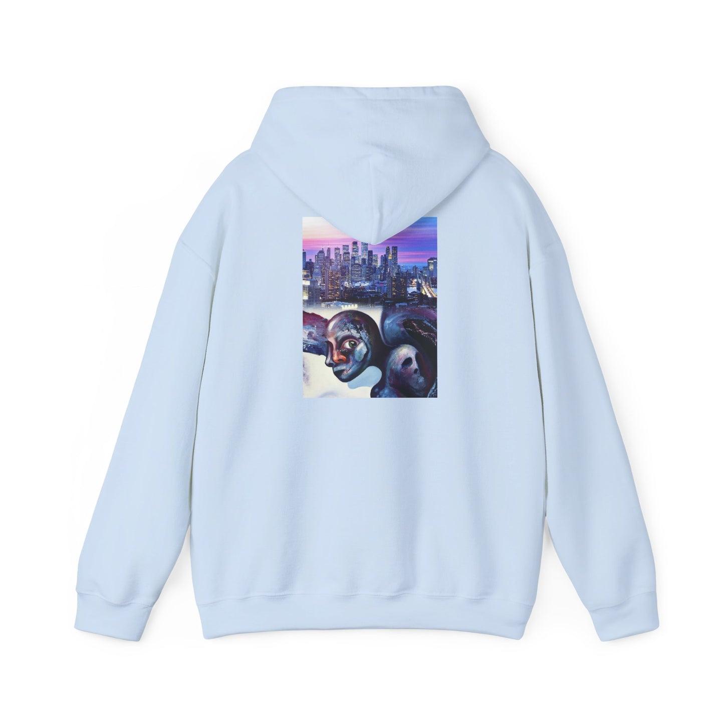 AMRU Minimal Front Logo Hoodie with Surreal Cityscape Back Graphic