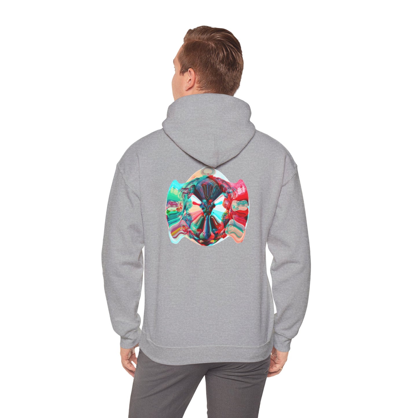 Hoodie — AMRU Minimal Front Logo & Colorful Abstract Back Art