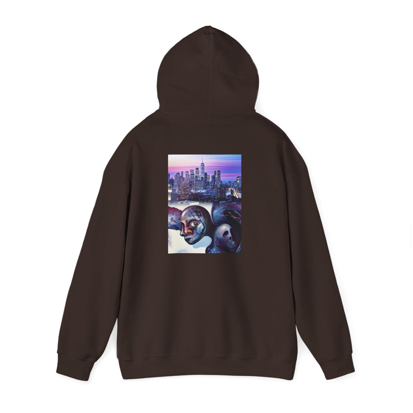 AMRU Minimal Front Logo Hoodie with Surreal Cityscape Back Graphic
