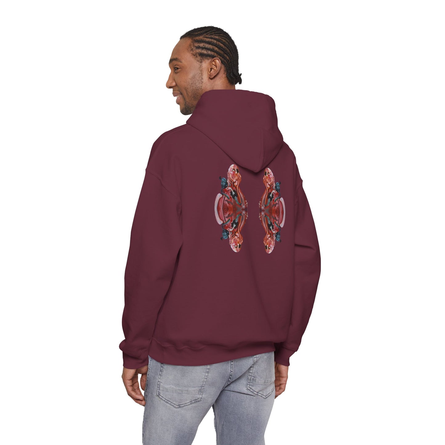 AMRU Minimal Logo Hoodie — Rose Skull Mirror Back Graphic Hoodie