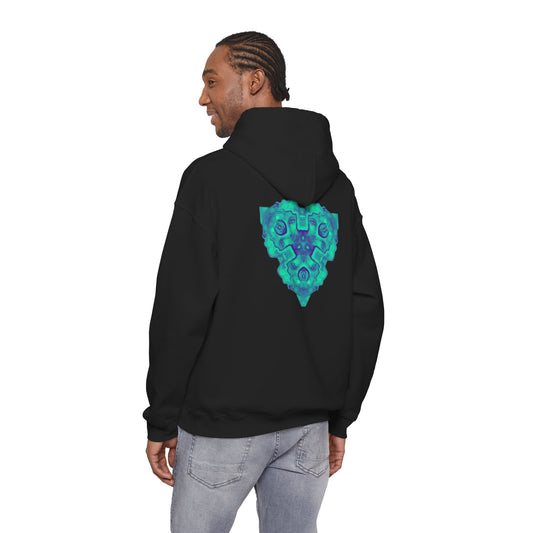 AMRU Minimal Logo Hoodie — Geometric Teal Mandala Back Graphic