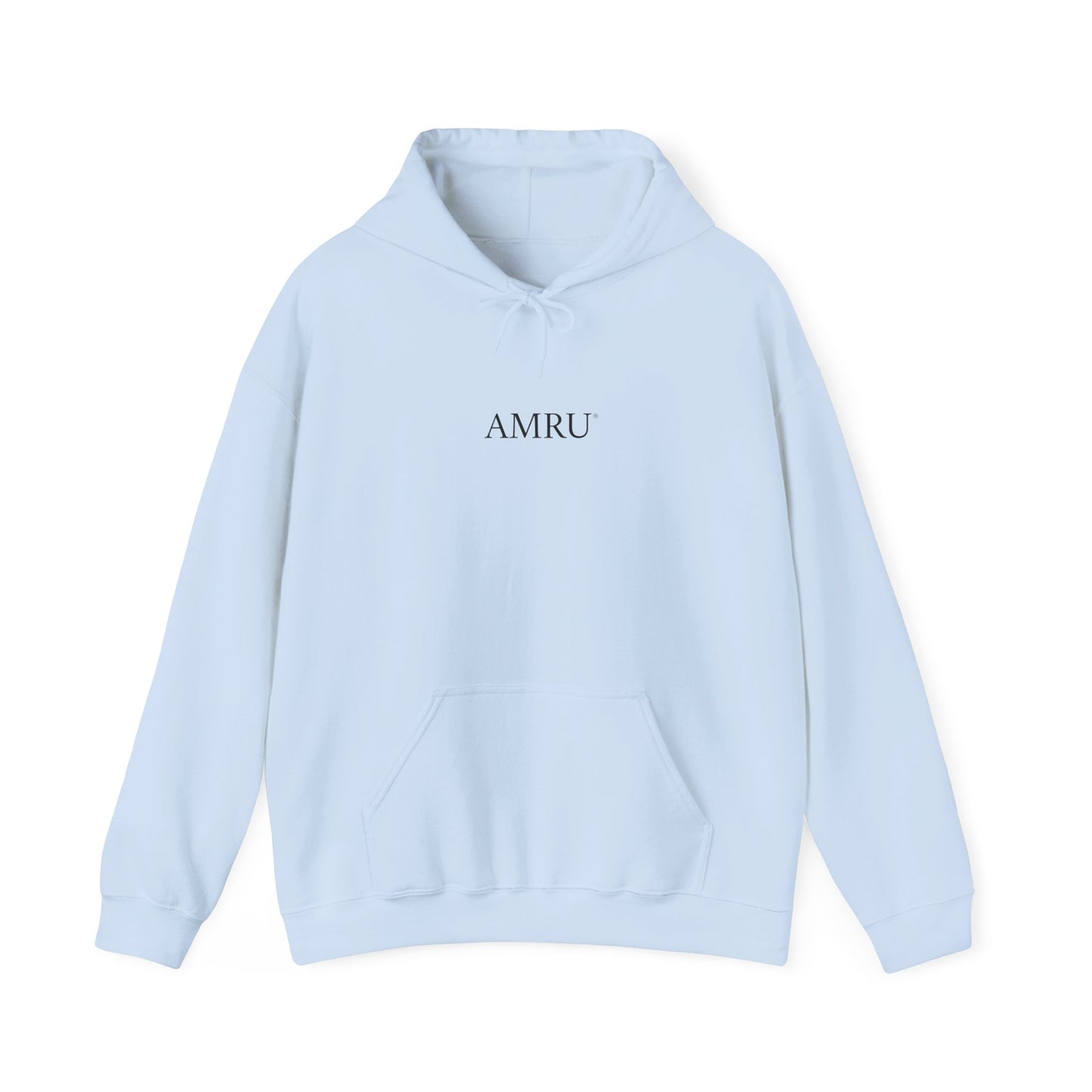 AMRU Minimal Front Logo Hoodie with Surreal Cityscape Back Graphic