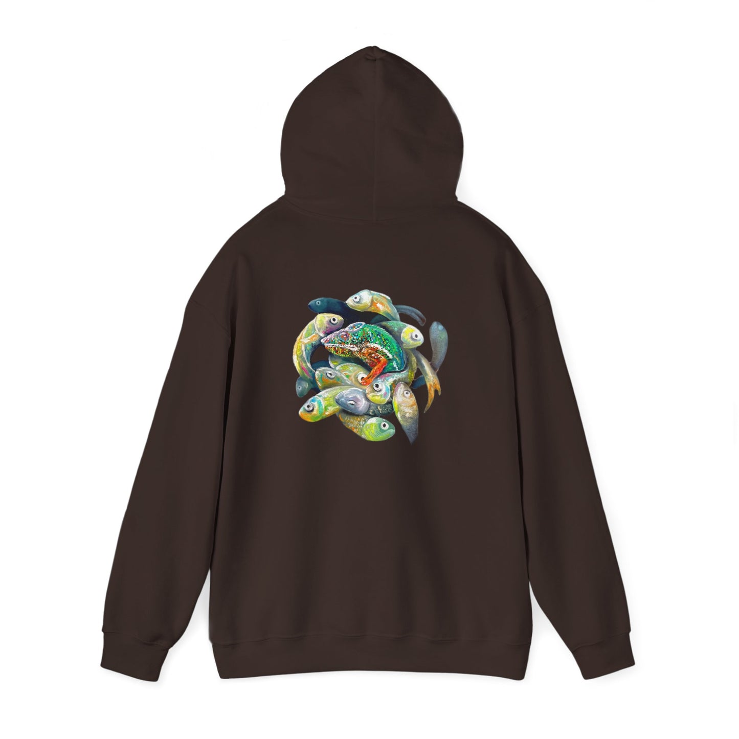 Fish Ring Hoodie – AMRU Minimal Front Logo Pullover with Colorful Koi Back Art