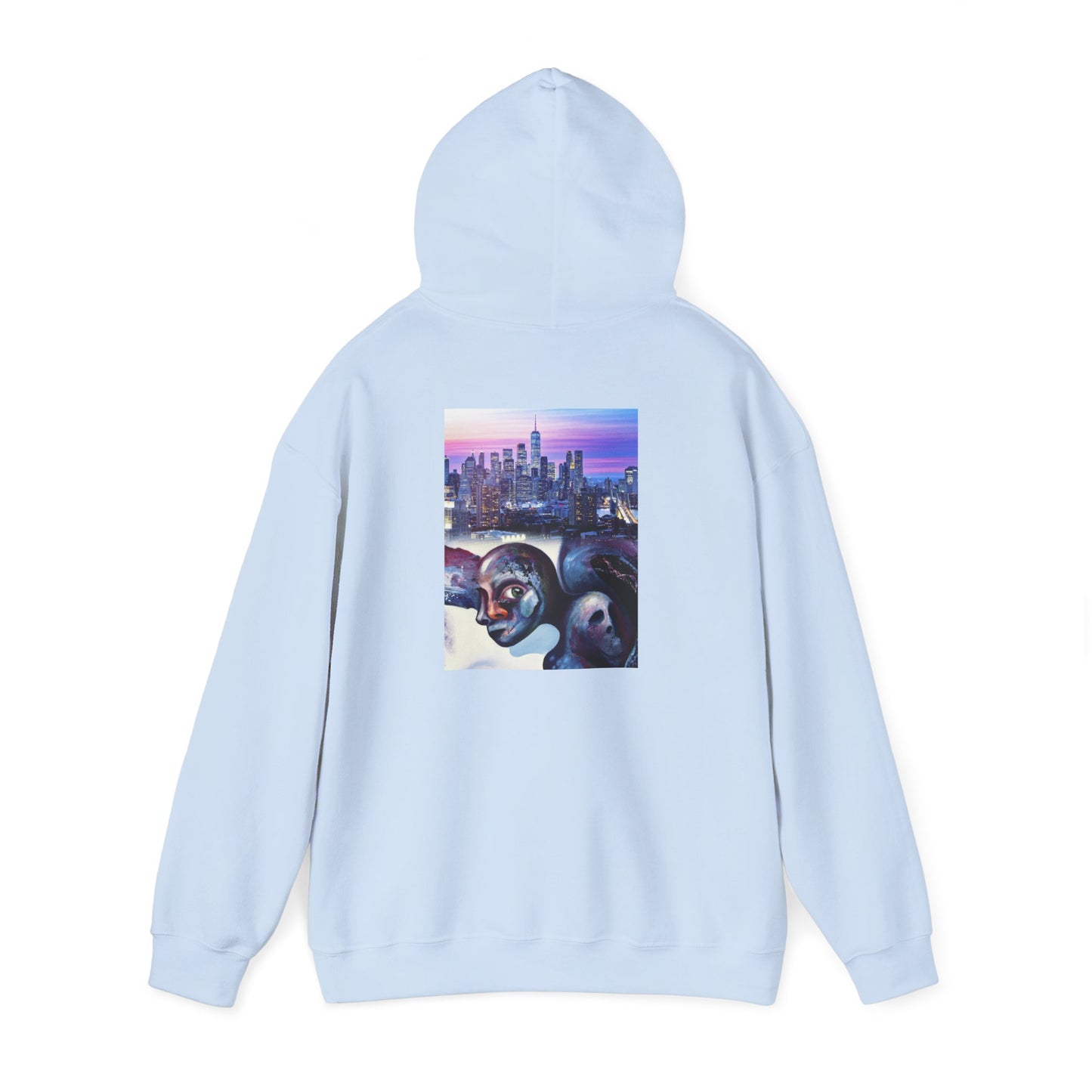 AMRU Minimal Front Logo Hoodie with Surreal Cityscape Back Graphic