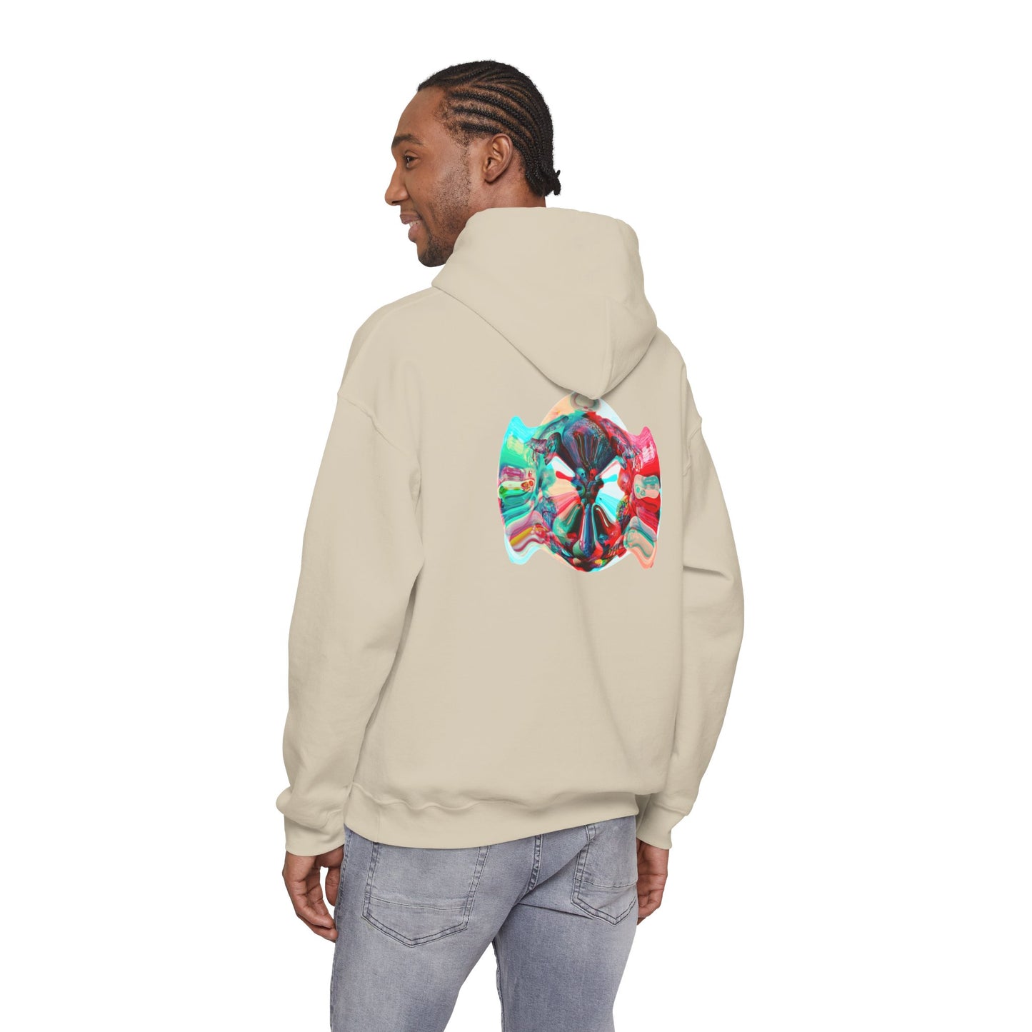 Hoodie — AMRU Minimal Front Logo & Colorful Abstract Back Art
