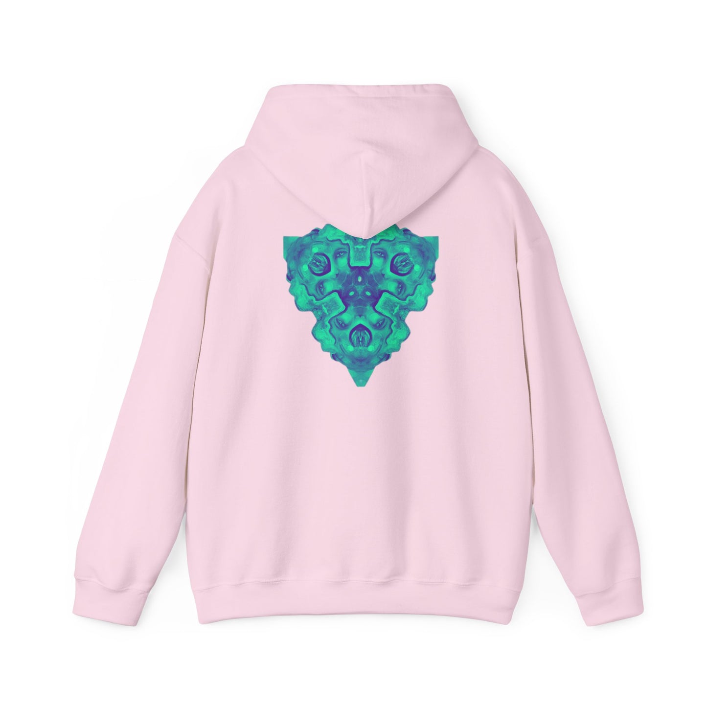 AMRU Minimal Logo Hoodie — Geometric Teal Mandala Back Graphic