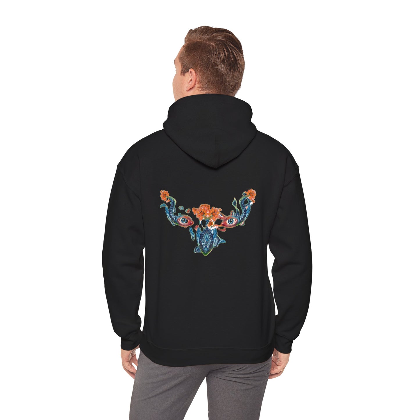 Floral Vine AMRU Hoodie — Minimal Logo Front, Embroidered Floral Back Sweatshirt
