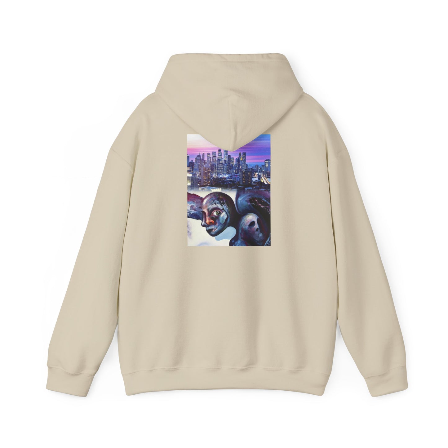 AMRU Minimal Front Logo Hoodie with Surreal Cityscape Back Graphic