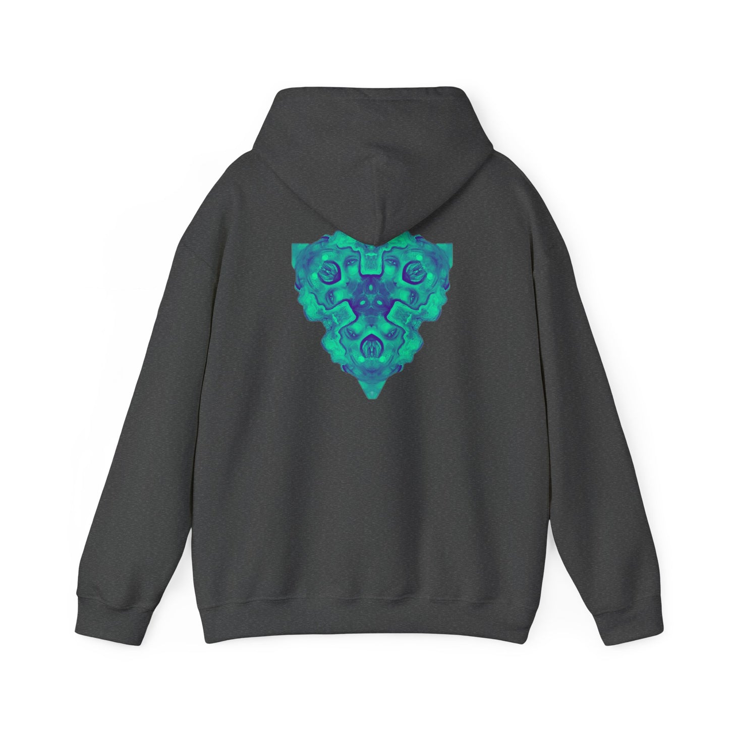 AMRU Minimal Logo Hoodie — Geometric Teal Mandala Back Graphic