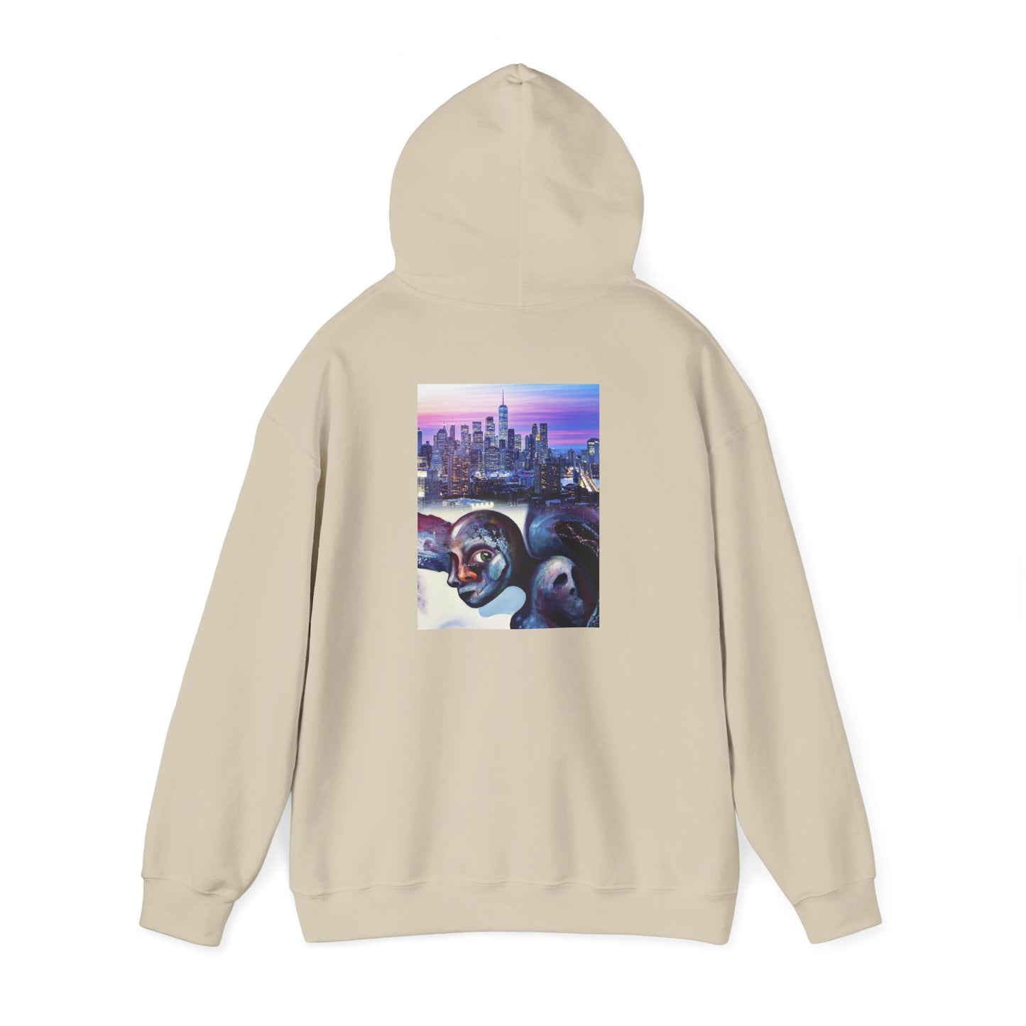 AMRU Minimal Front Logo Hoodie with Surreal Cityscape Back Graphic
