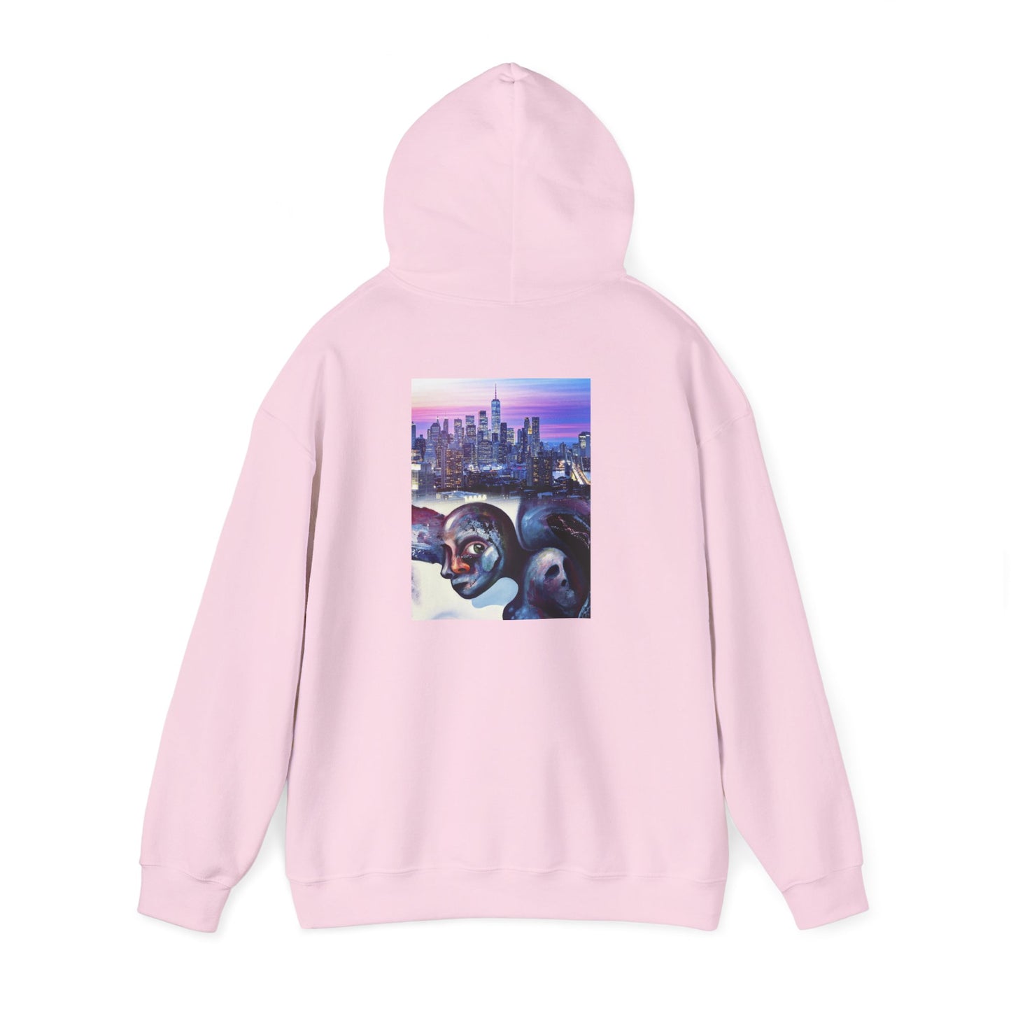 AMRU Minimal Front Logo Hoodie with Surreal Cityscape Back Graphic